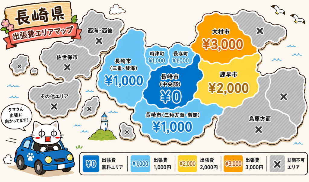 長崎県の出張費エリアマップ。長崎市中央部は無料、三重・琴海・三和方面と時津町・長与町は1,000円、諫早市2,000円、大村市3,000円、その他の地域は訪問不可